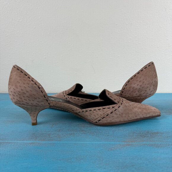 PRADA Tan Ostrich Suede Stitched Pointed Toe Kitten Heels Size 37.5 US 7.5 - Picture 7 of 12